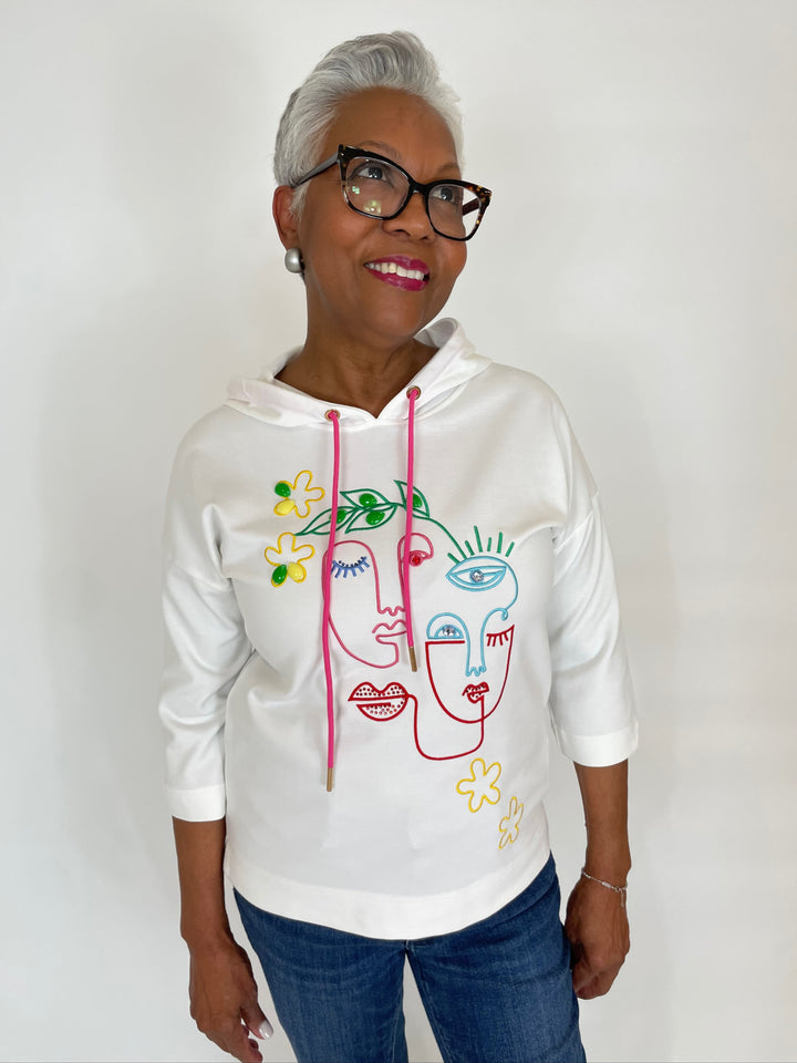 Leo & Ugo Dominic Faces Hoodie in White/Multi available at Barbara Katz