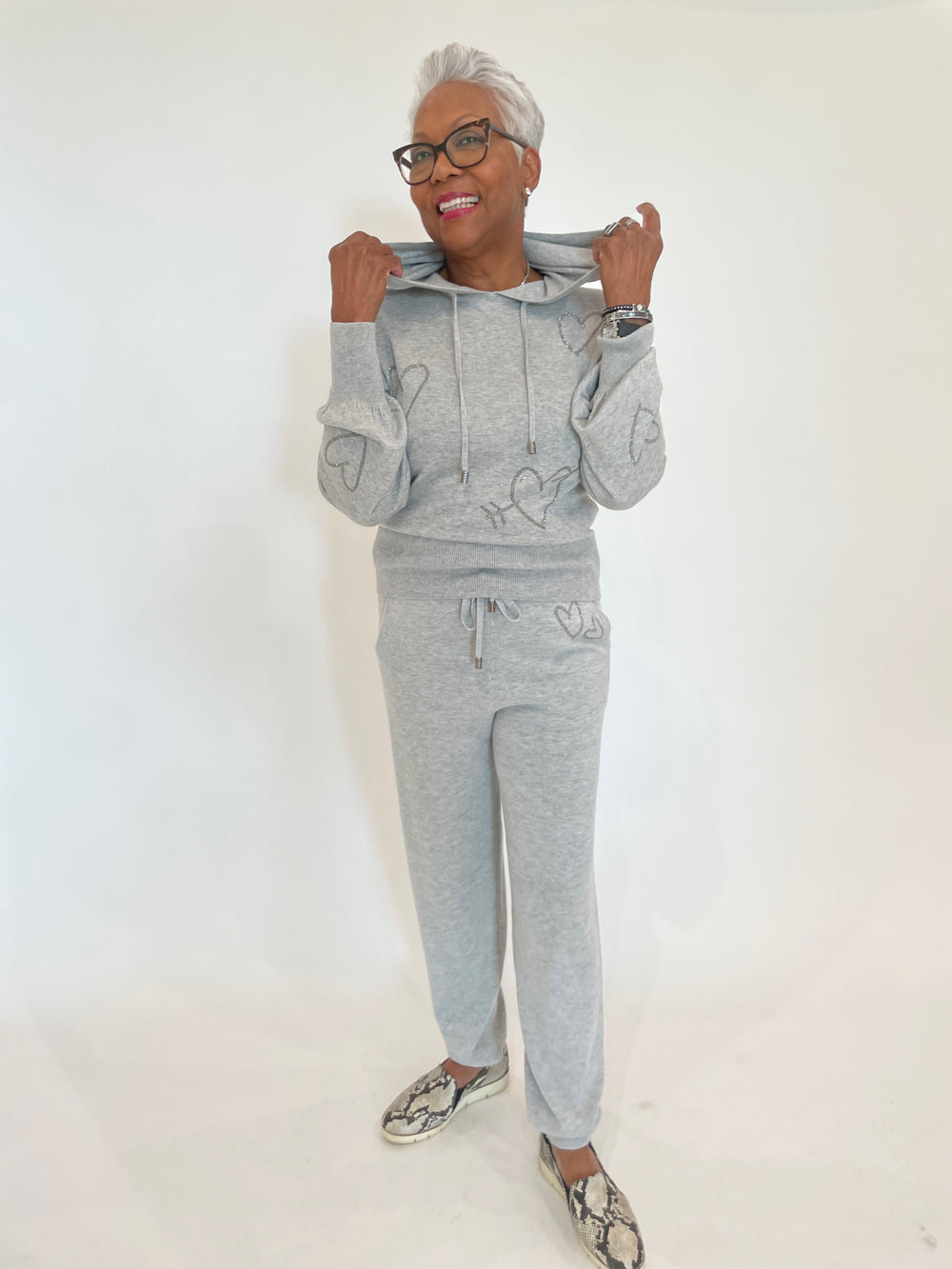 Whisper by Brodie Heart Hot Fix Hoodie in Chromium paired with matching Heart Hot Fix Joggers available at Barbara Katz