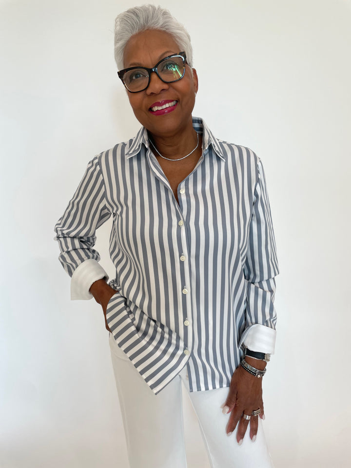Hinson Wu Margot Long Sleeve Stripe Shirt in French Grey/White available at Barbara Katz