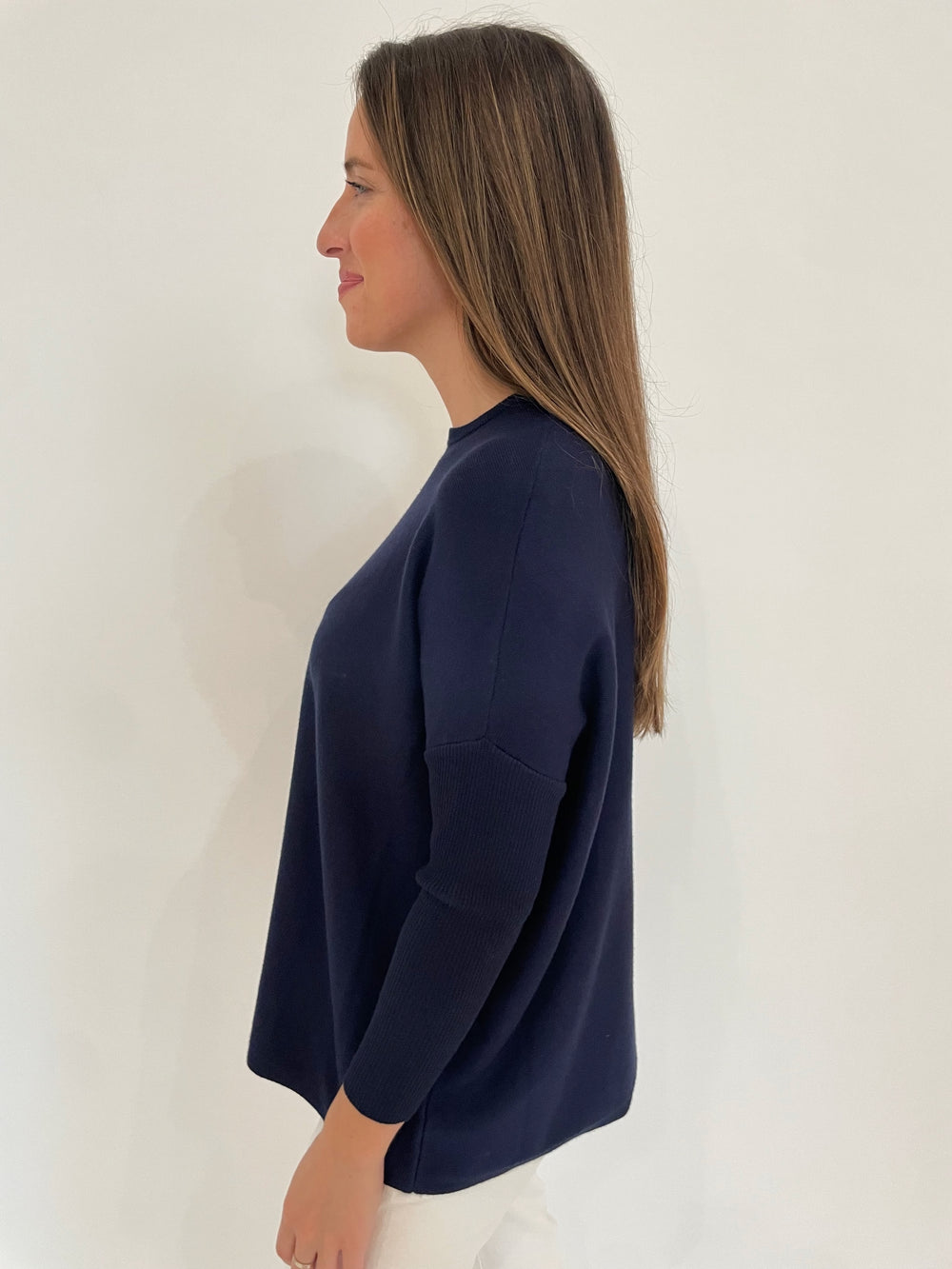 BK Sabrina Boxy Long Sleeve Sweater in Navy available at Barbara Katz