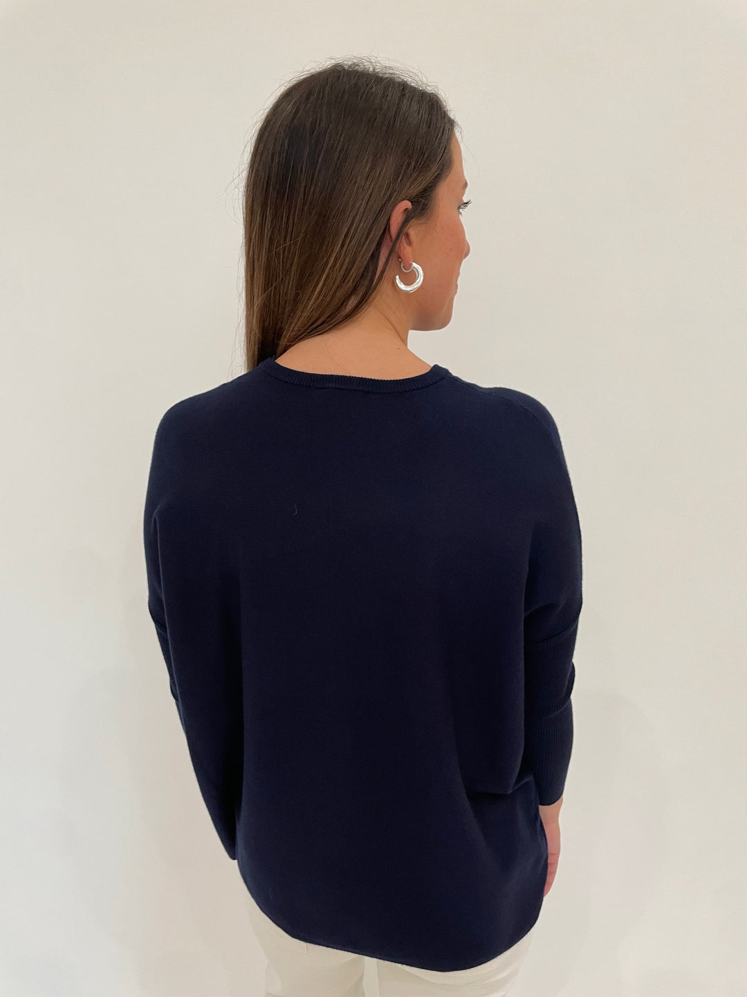 BK Sabrina Boxy Sweater in Navy with Lizzie Fortunato Onda Hoops in Silver available at Barbara Katz