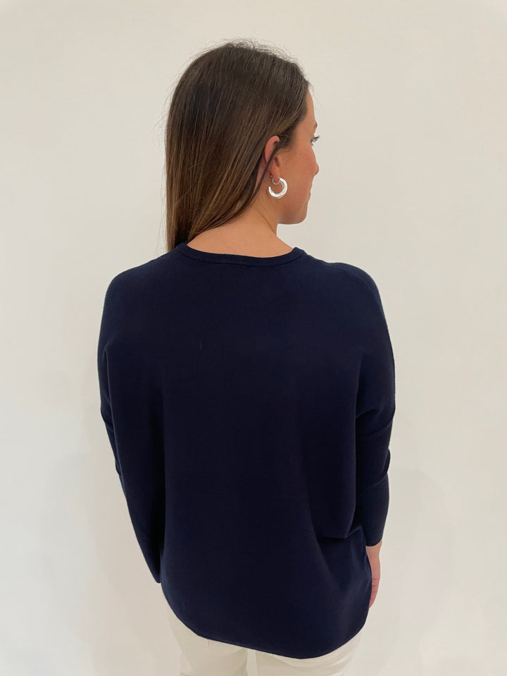 BK Sabrina Boxy Sweater in Navy with Lizzie Fortunato Onda Hoops in Silver available at Barbara Katz
