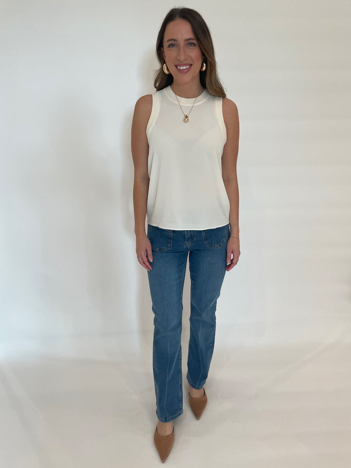 Marella Georgette Sorona Tank Top in White paired with Elliott Lauren Straight Leg Jean with Patch Pocket available at Barbara Katz