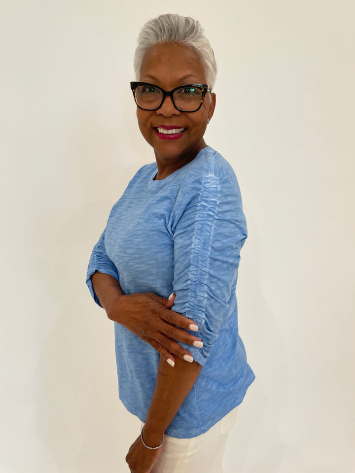 Elliott Lauren Hannah Crew Neck Tee in Denim With Ruched Sleeves available at Barbara Katz