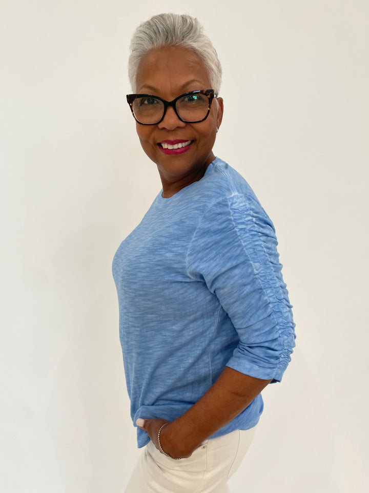 Elliott Lauren Hannah Ruched 3/4 Sleeve Tee in Denim available at Barbara Katz