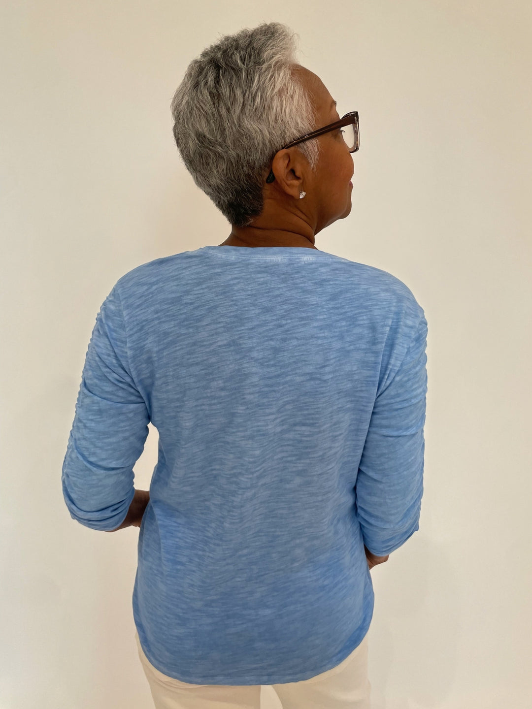 Elliott Lauren Hannah Crew Neck Ruched Sleeve Tee in Denim available at Barbara Katz