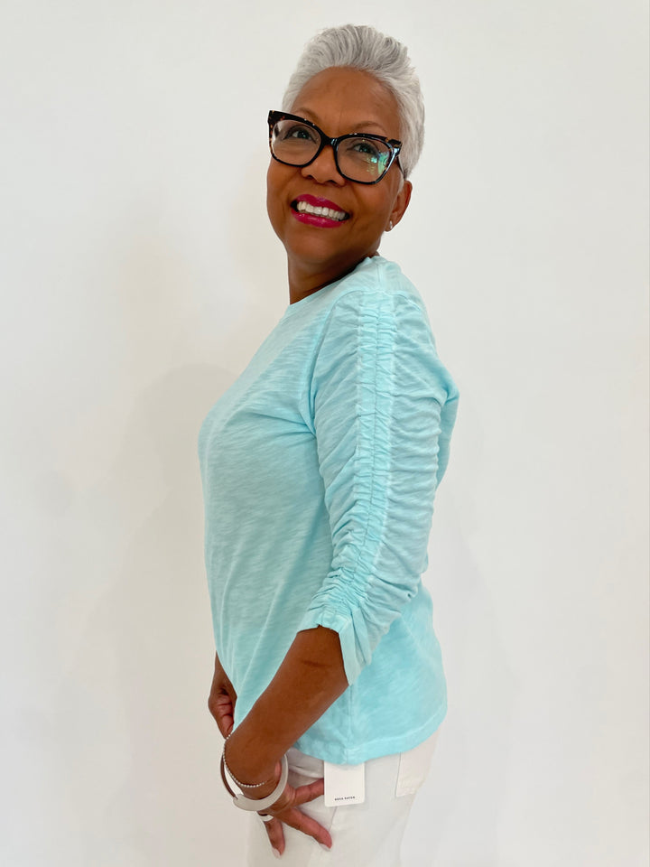 Elliott Lauren Hannah Ruched Sleeve Tee in Mist with Dean Davidson Silver Crosby Hinged Bangle available at Barbara Katz