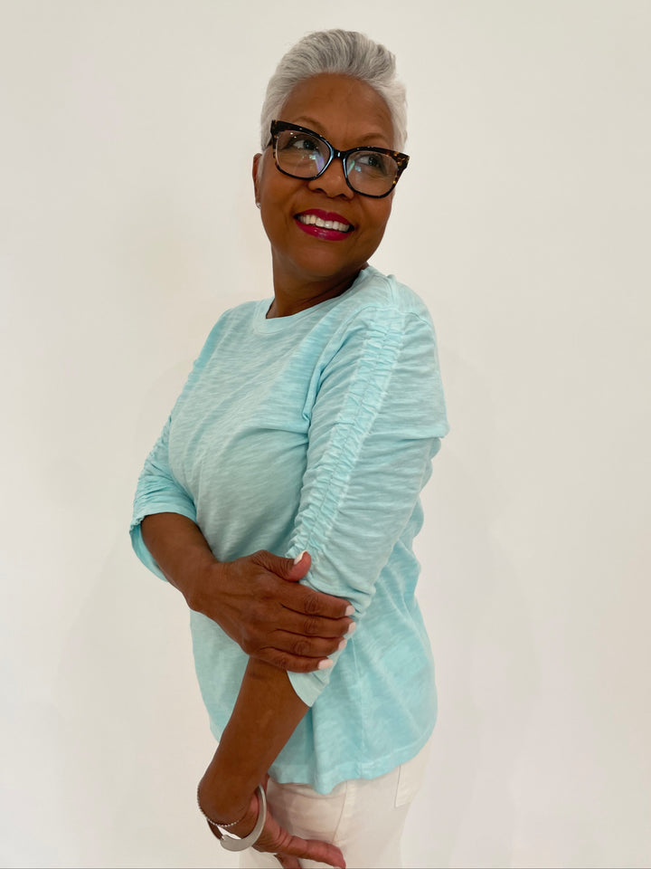 Elliott Lauren Hannah Crew Neck Tee in Mist with Ruched Sleeves available at Barbara Katz
