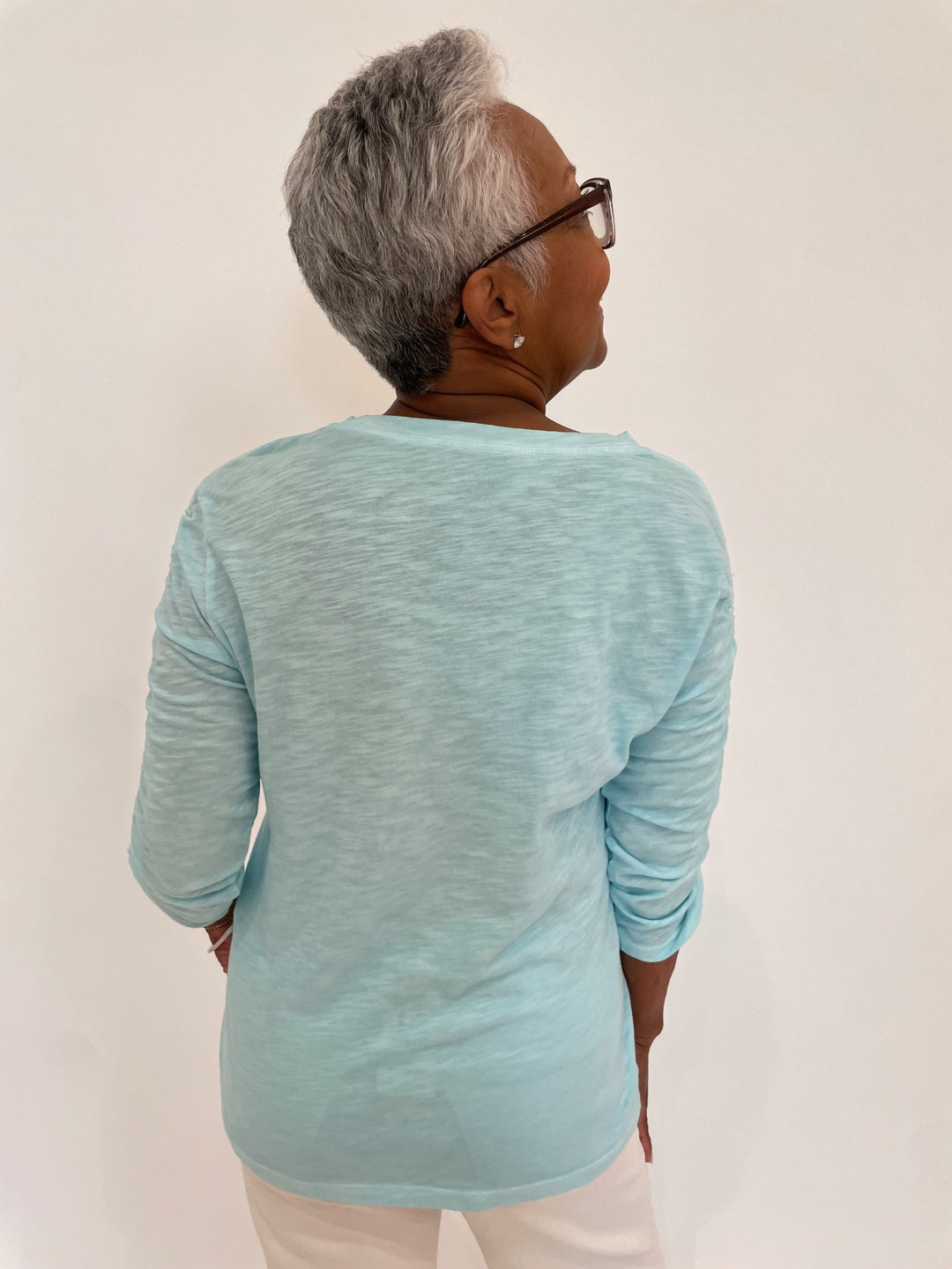 Elliott Lauren Hannah Crew Neck Ruched Sleeve Tee in Mist available at Barbara Katz