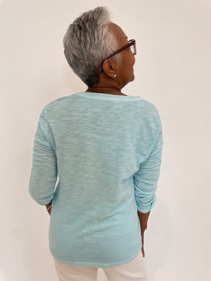 Elliott Lauren Hannah Crew Neck Ruched Sleeve Tee in Mist available at Barbara Katz