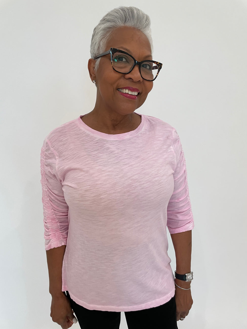 Elliott Lauren Hannah Crew Neck Ruched Sleeve Tee in Petal available at Barbara Katz