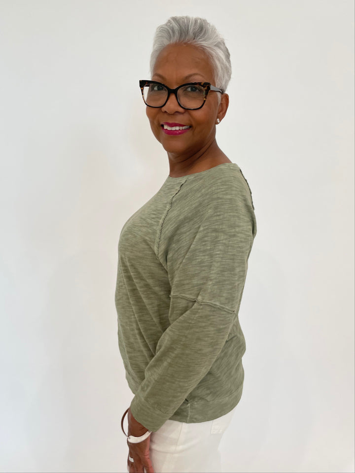 Elliott Lauren Lucy Raglan Sleeve Tee With Seam Detail in Thyme with Dean Davidson Silver Crosby Hinged Bangle available at Barbara Katz