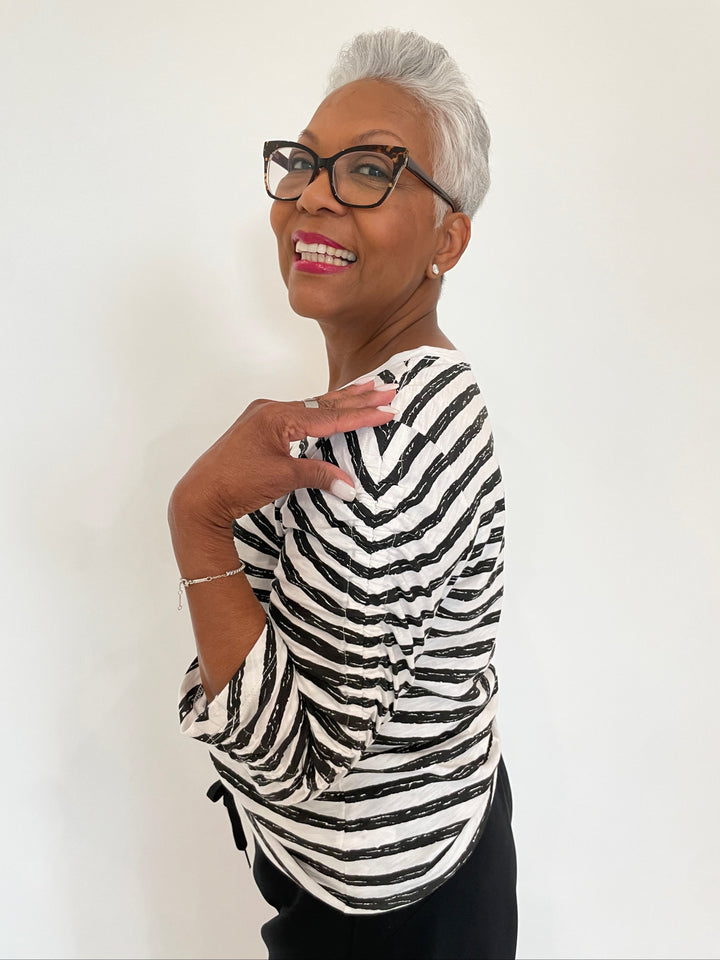 Elliott Lauren Stripe Ruched Sleeve Tee in Black/White available at Barbara Katz