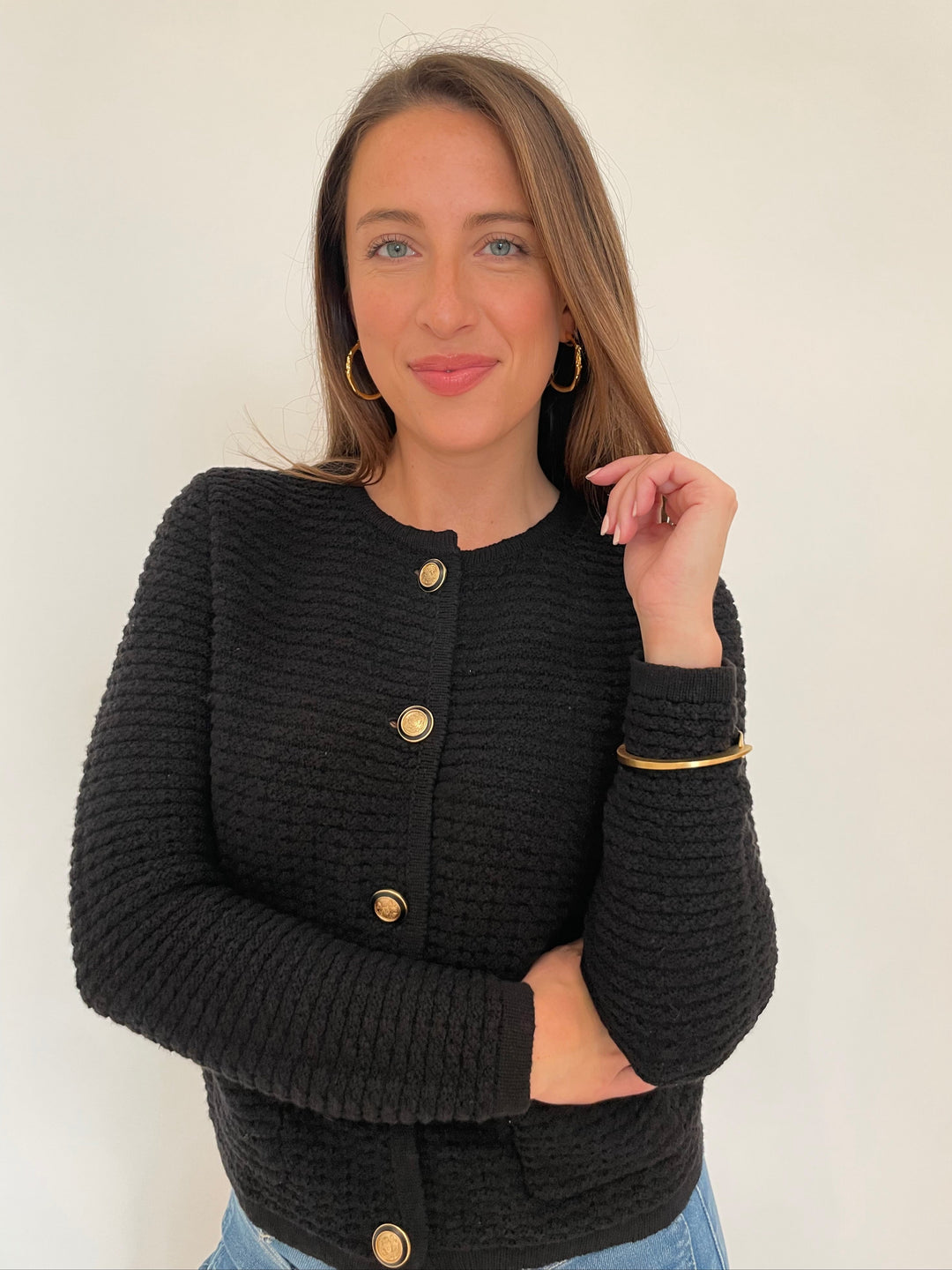 Elliott Lauren Top Priority Button Front Cardigan in Black with Alexis Bittar Gold Brut Tube Hoop Earrings and Dean Davidson Gold Crosby Hinged Bracelet available at Barbara Katz