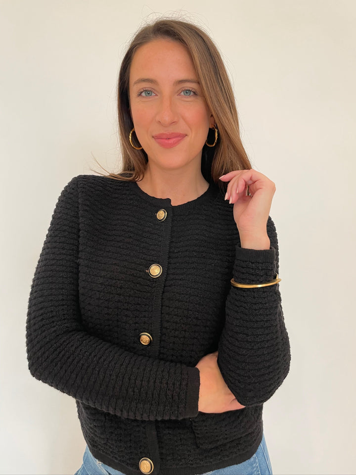 Elliott Lauren Top Priority Button Front Cardigan in Black with Alexis Bittar Gold Brut Tube Hoop Earrings and Dean Davidson Gold Crosby Hinged Bracelet available at Barbara Katz