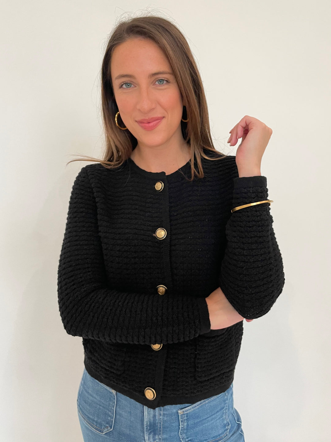 Elliott Lauren Top Priority Button Front Textured Cardigan in Black with Alexis Bittar Gold Brut Tube Hoop Earrings and Dean Davidson Gold Crosby Hinged Bracelet available at Barbara Katz