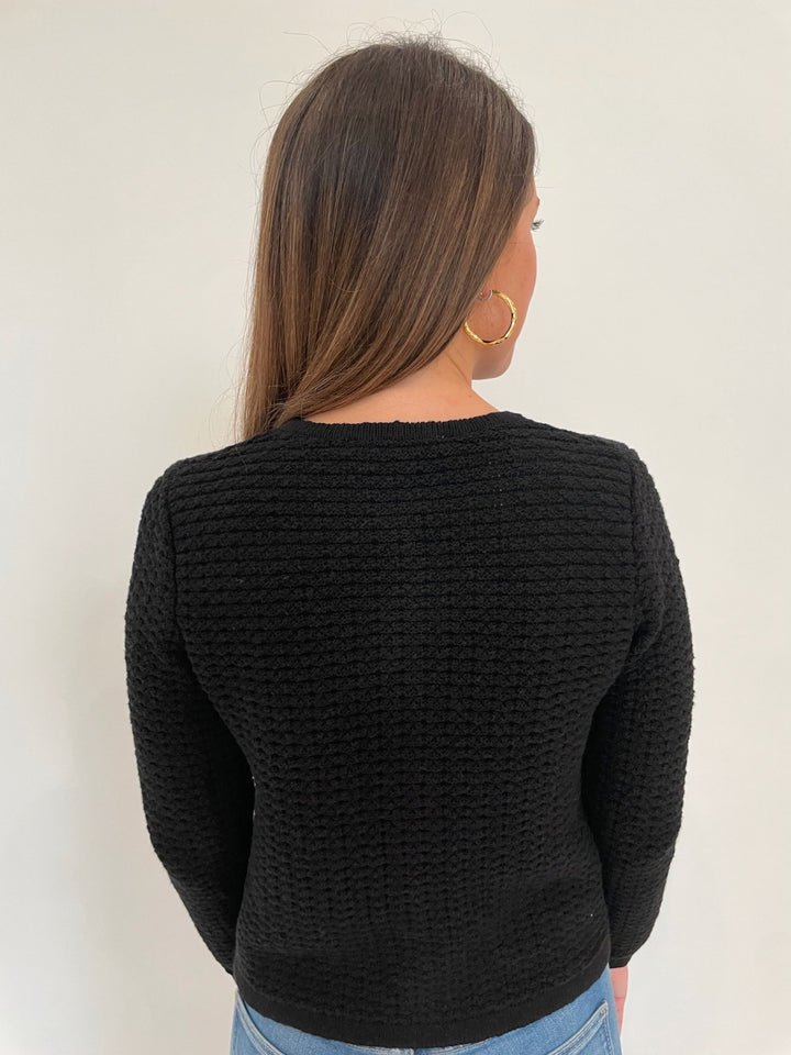 Elliott Lauren Top Priority Cardigan in Black with Alexis Bittar Brut Tube Hoop Earrings in Gold available at Barbara Katz