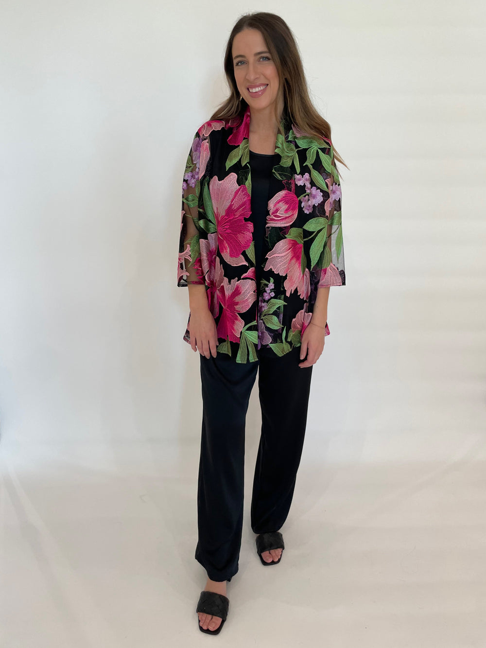 Caroline Rose Abundant Blooms Embroidered Swing Cardigan in Multi/Black available at Barbara Katz