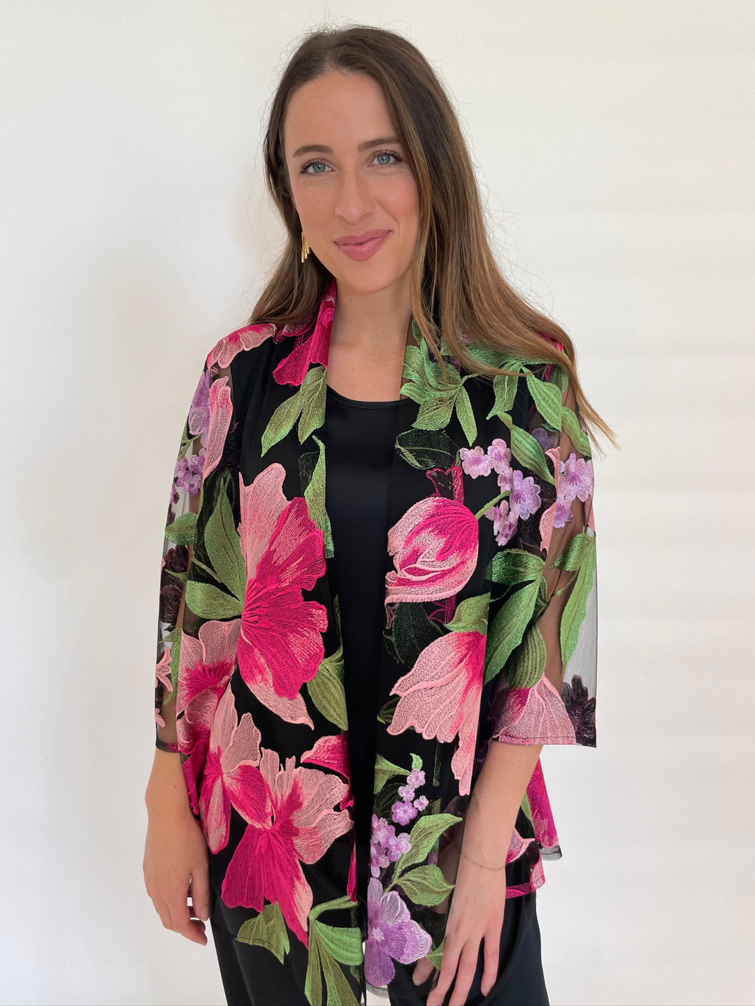 Caroline Rose Abundant Blooms Embroidered Swing Cardigan in Multi/Black available at Barbara Katz