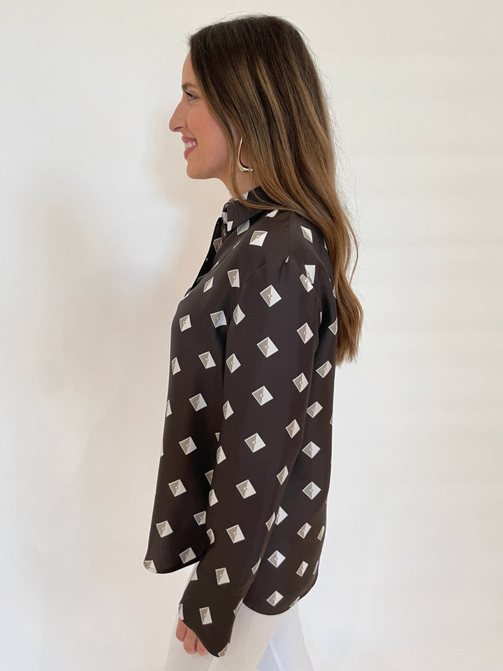 Max Mara MM Zelig Long Sleeve Blouse in Mud Geo available at Barbara Katz