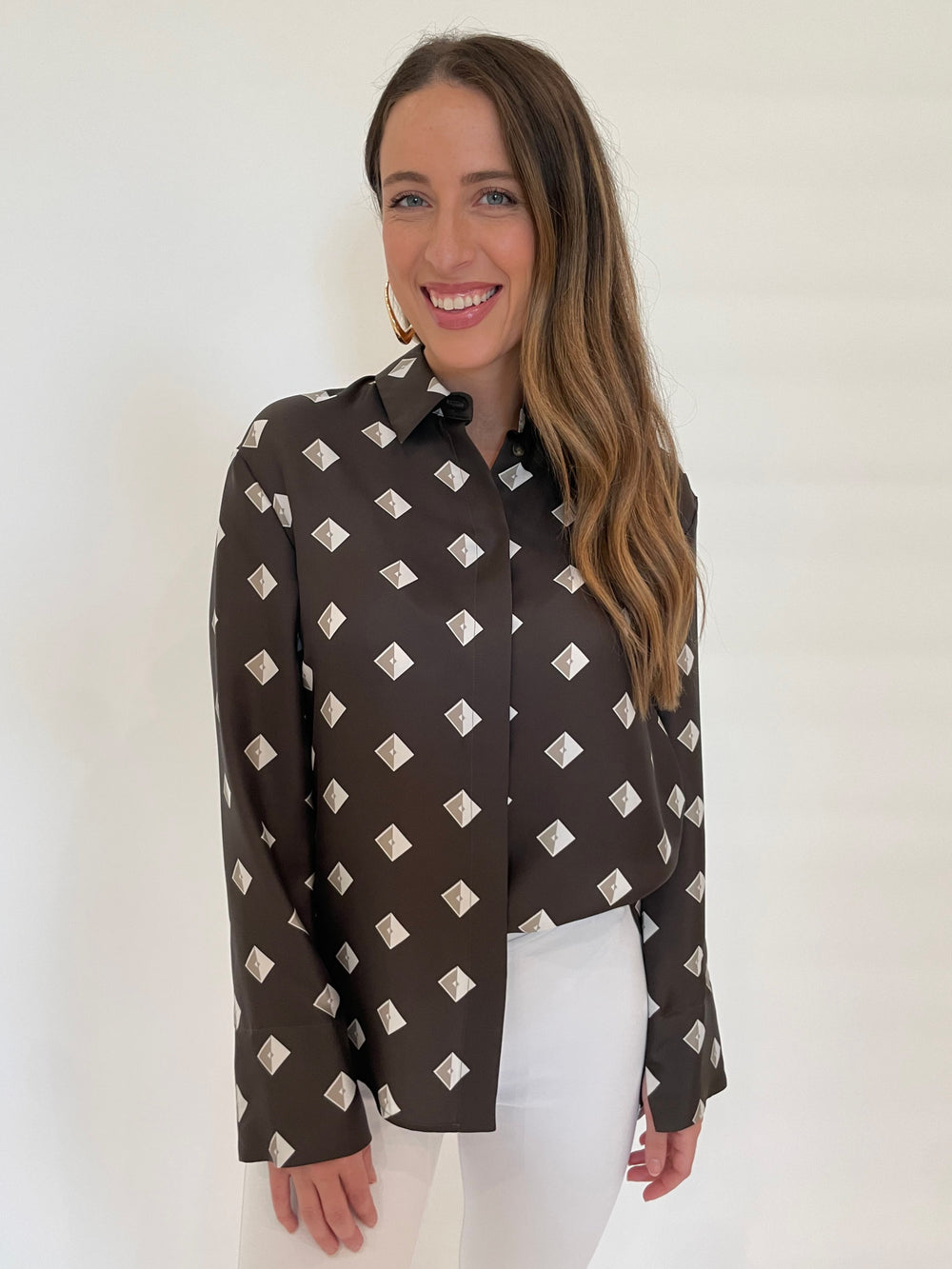 Max Mara MM Zelig Button Down Blouse in Mud Geo available at Barbara Katz