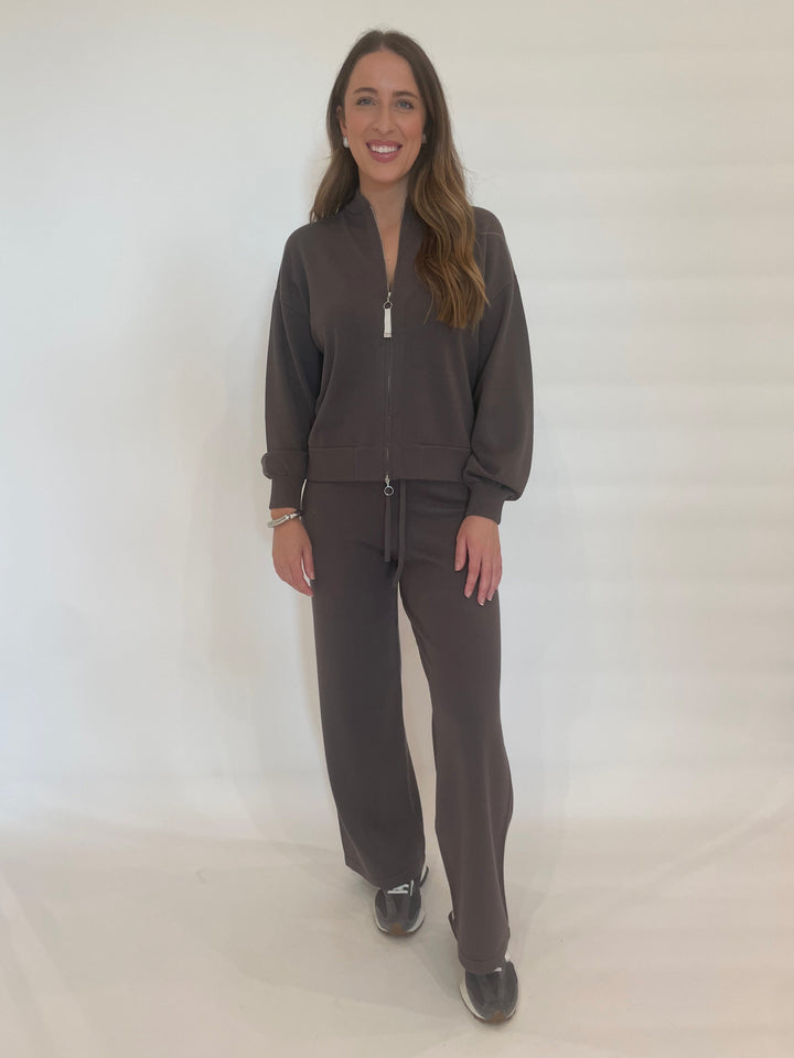 Max Mara MM Faiti Zip Jacket in Mud paired with matching MM Judy Pull-On Knit Pants in Mud available at Barbara Katz