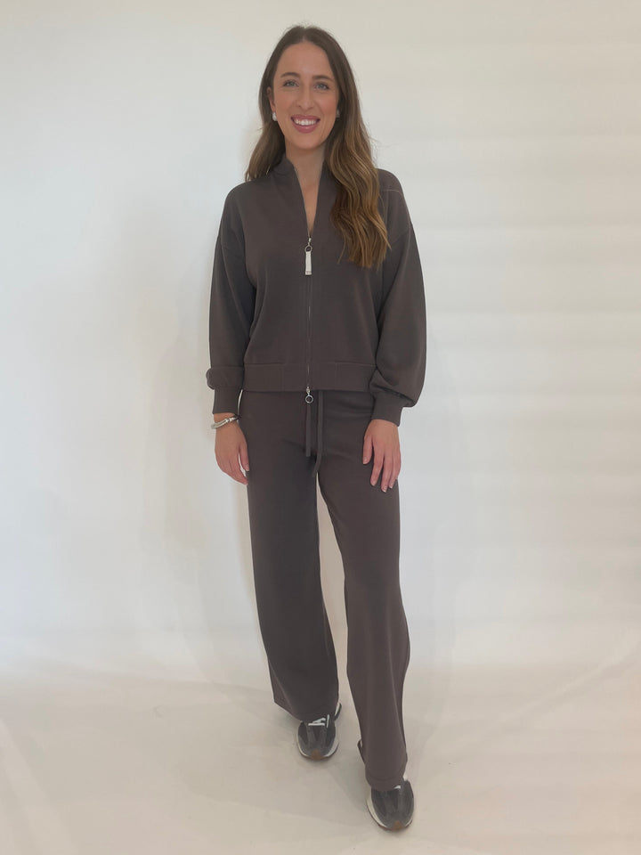 Max Mara MM Faiti Zip Jacket in Mud paired with matching MM Judy Pull-On Knit Pants in Mud available at Barbara Katz