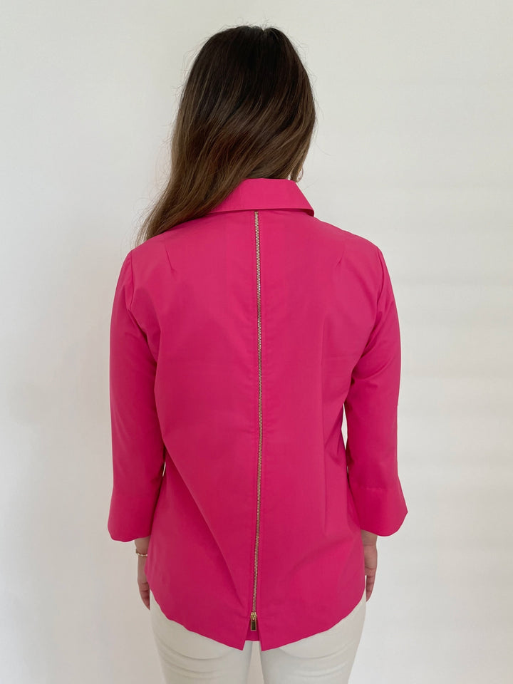 Hinson Wu Xena 3/4 Sleeve Zip Back Shirt in Scarlet available at Barbara Katz