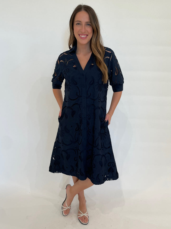 Hinson Wu Luca Elbow Sleeve Embroidered Eyelet Midi Dress in Navy available at Barbara Katz