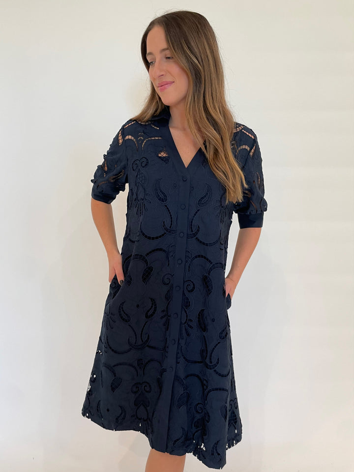 Hinson Wu Luca Elbow Sleeve Embroidered Eyelet Dress in Navy available at Barbara Katz