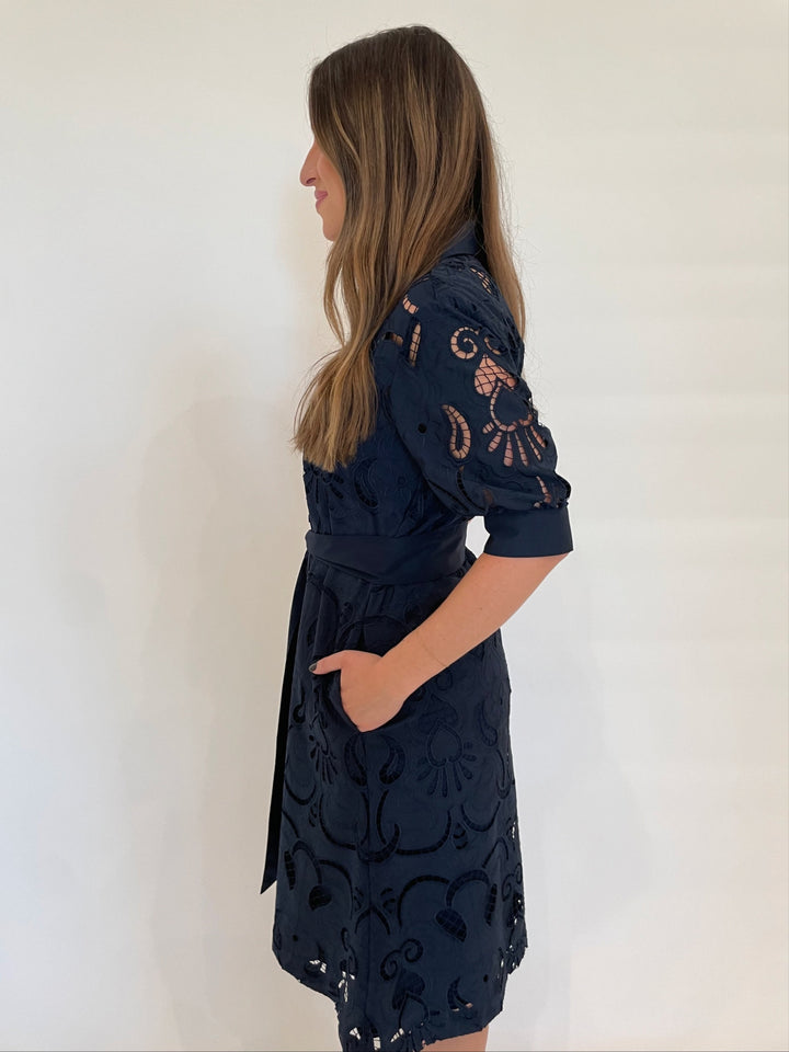 Hinson Wu Luca Elbow Sleeve Embroidered Eyelet Dress in Navy available at Barbara Katz