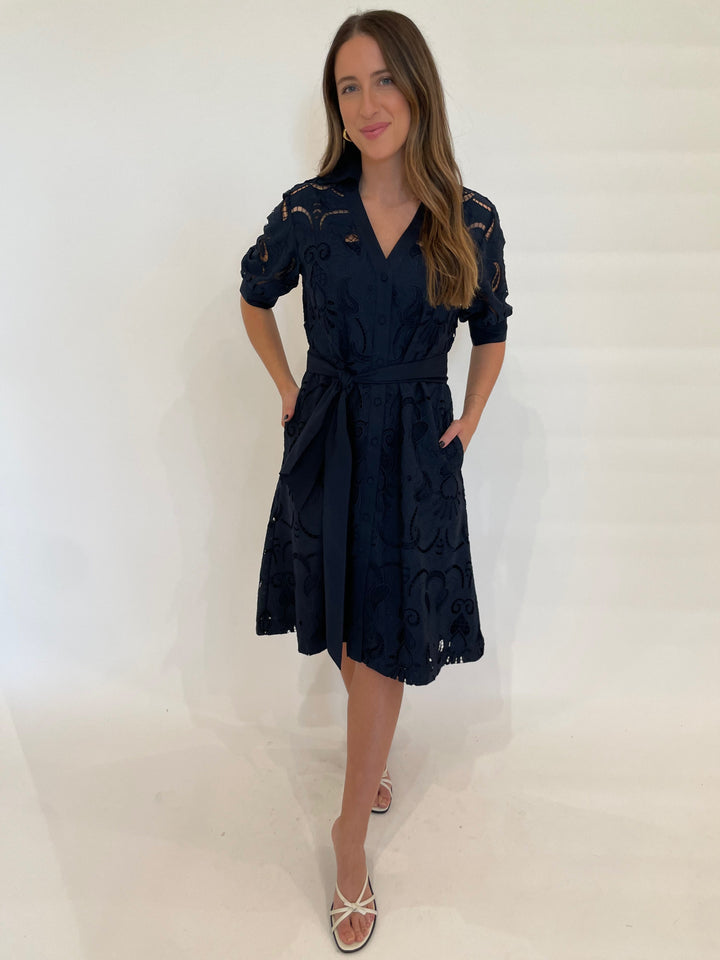 Hinson Wu Luca Elbow Sleeve Embroidered Eyelet Midi Dress in Navy available at Barbara Katz