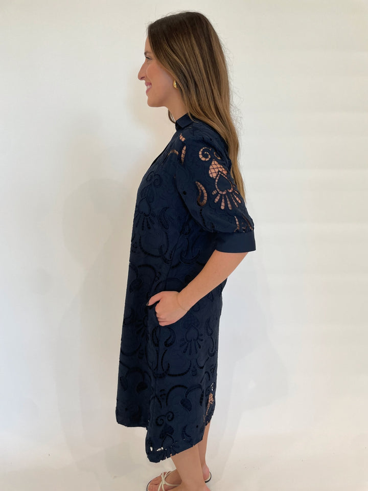 Hinson Wu Luca Elbow Sleeve Embroidered Eyelet Midi Dress in Navy available at Barbara Katz