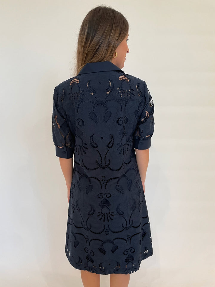Hinson Wu Luca Elbow Sleeve Embroidered Eyelet Dress in Navy available at Barbara Katz