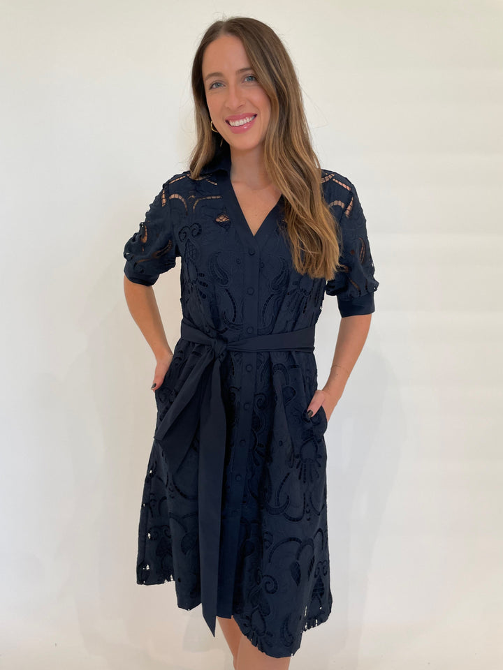 Hinson Wu Luca Elbow Sleeve Embroidered Eyelet Dress in Navy available at Barbara Katz