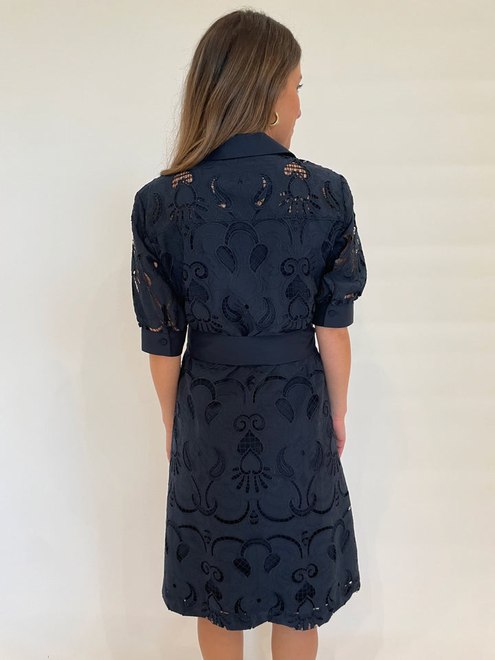 Hinson Wu Luca Elbow Sleeve Embroidered Eyelet Dress in Navy available at Barbara Katz