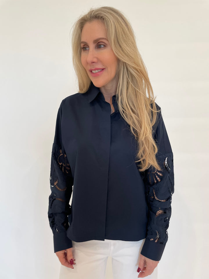 Hinson Wu Sophie Long Sleeve Embroidered Eyelet Top in Navy available at Barbara Katz