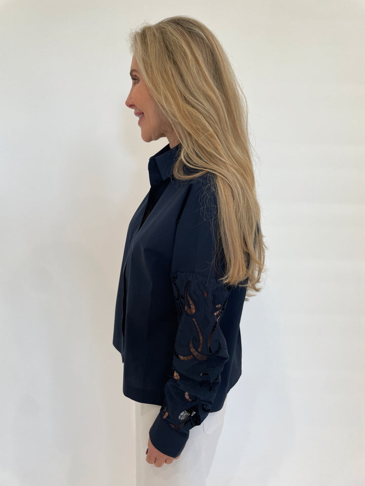 Hinson Wu Sophie Long Sleeve Embroidered Eyelet Top in Navy available at Barbara Katz