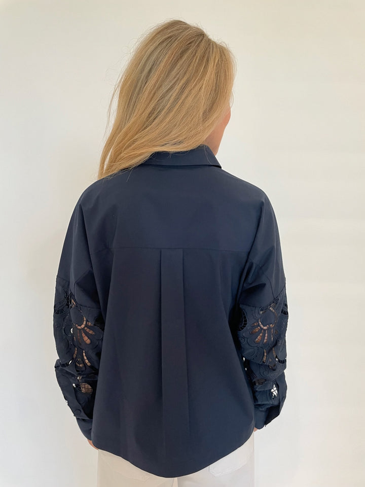 Hinson Wu Sophie Long Sleeve Embroidered Eyelet Top in Navy available at Barbara Katz