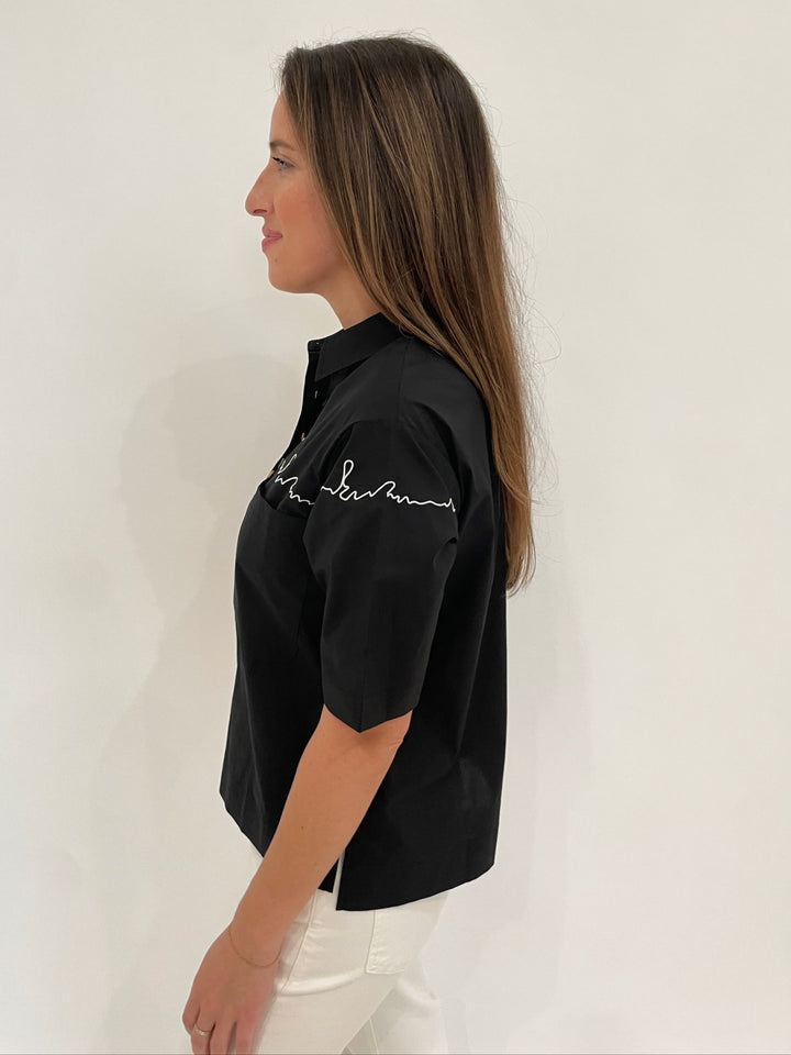Terra Angela Short Sleeve Boxy Button Shirt in Black available at Barbara Katz