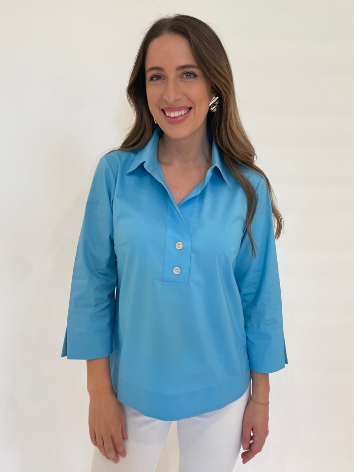 Hinson Wu Aileen 3/4 Sleeve Button Back Top in Ceramic Blue available at Barbara Katz