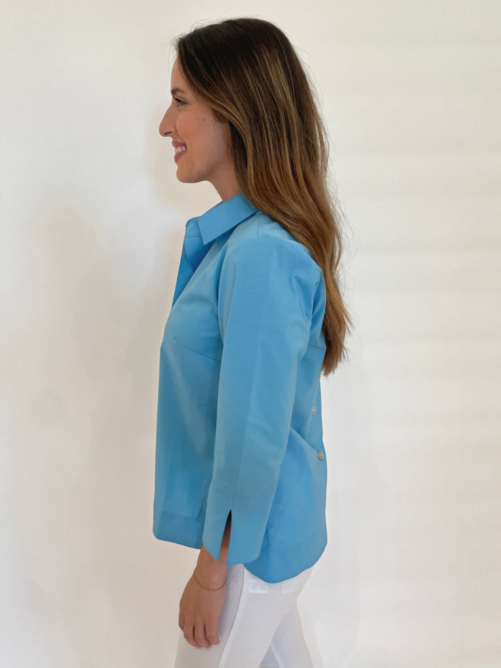 Hinson Wu Aileen 3/4 Sleeve Button Back Top in Ceramic Blue available at Barbara Katz