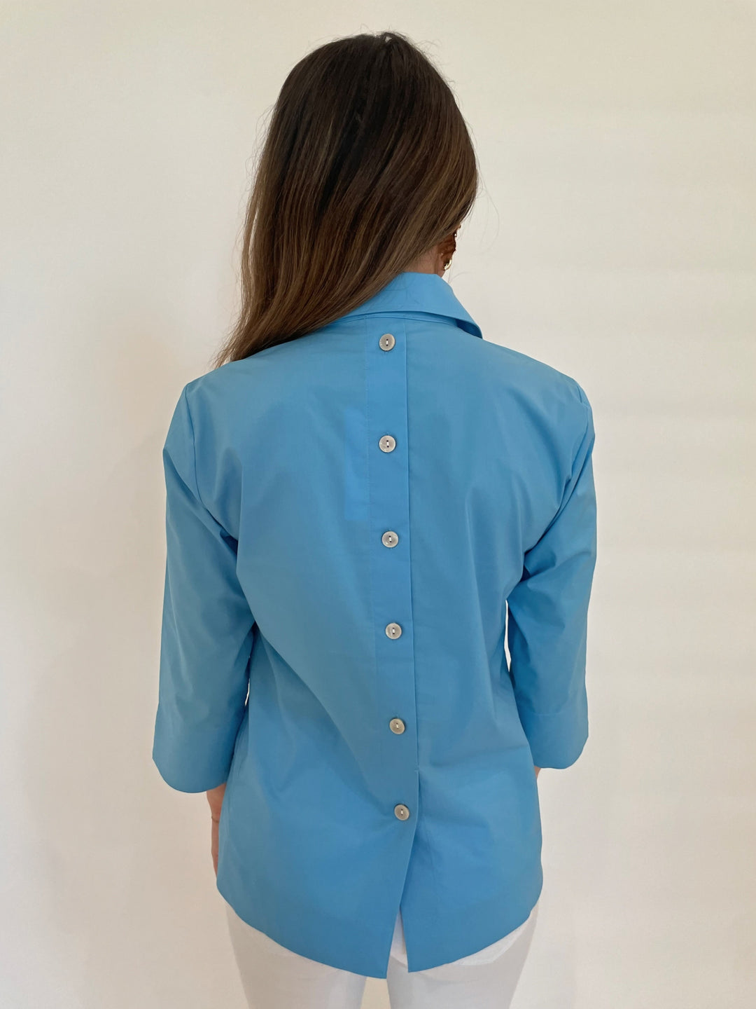 Hinson Wu Aileen 3/4 Sleeve Button Back Top in Ceramic Blue available at Barbara Katz