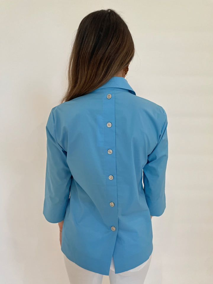 Hinson Wu Aileen 3/4 Sleeve Button Back Top in Ceramic Blue available at Barbara Katz