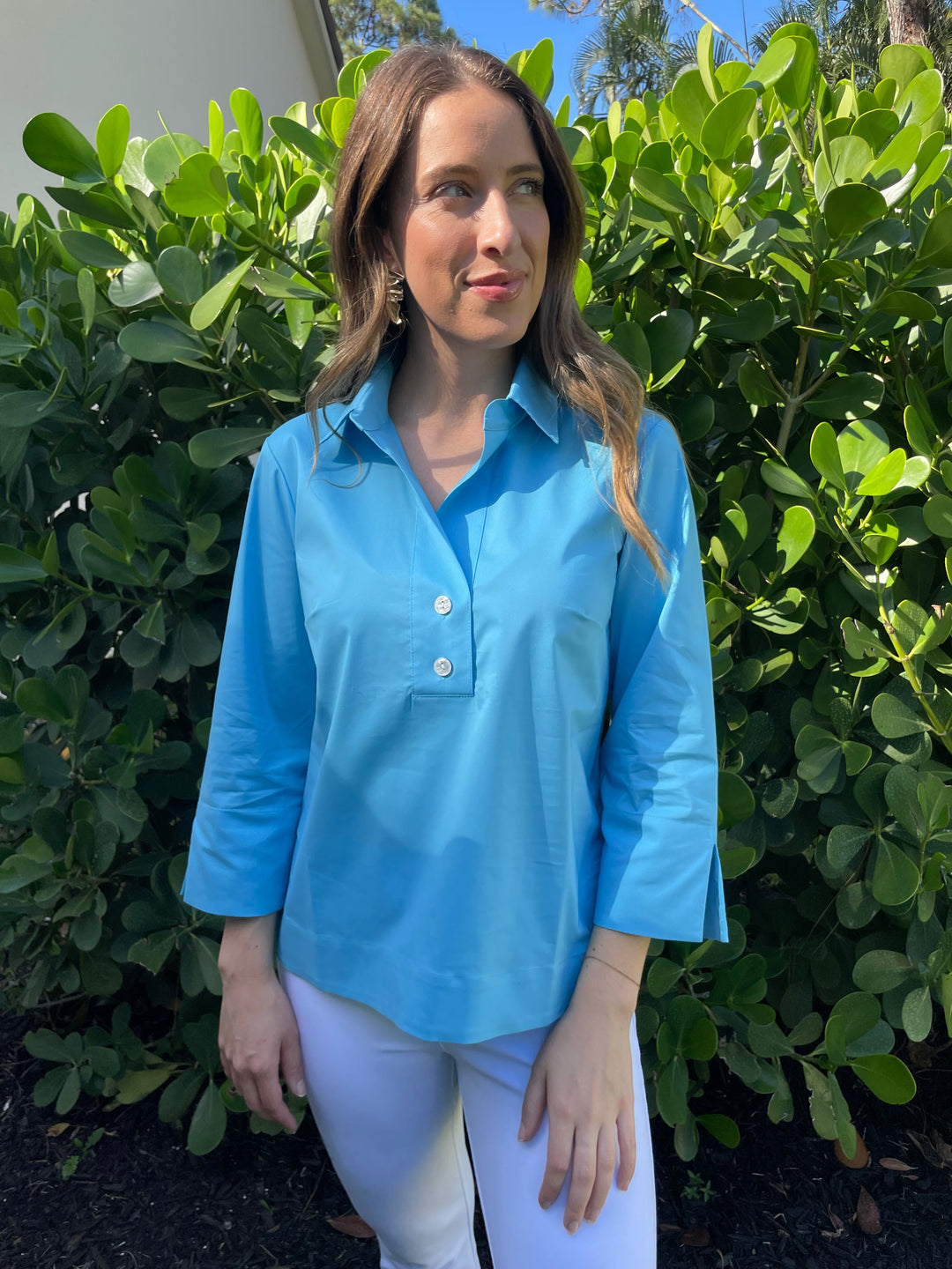 Hinson Wu Aileen 3/4 Sleeve Button Back Shirt in Ceramic Blue available at Barbara Katz