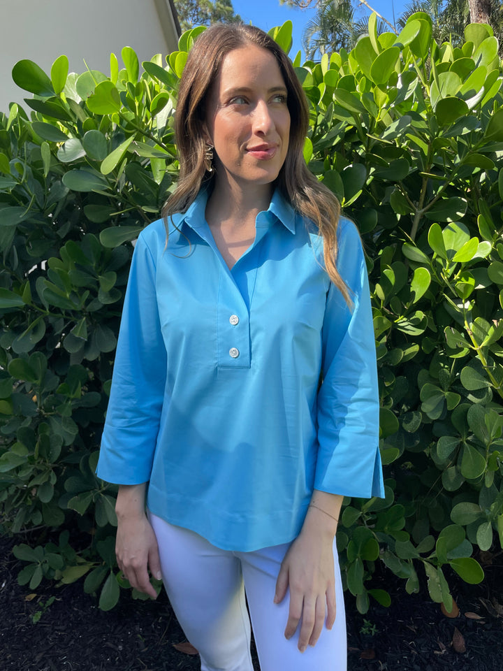 Hinson Wu Aileen 3/4 Sleeve Button Back Shirt in Ceramic Blue available at Barbara Katz