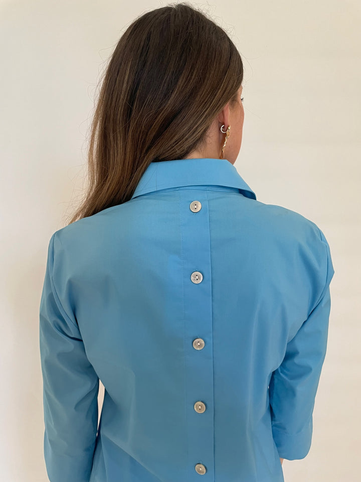 Hinson Wu Aileen 3/4 Sleeve Button Back Top in Ceramic Blue available at Barbara Katz