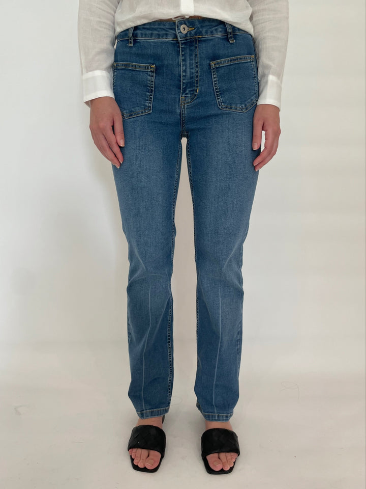 Elliott Lauren Straight Leg Jean With Patch Pocket in Navy available at Barbara Katz