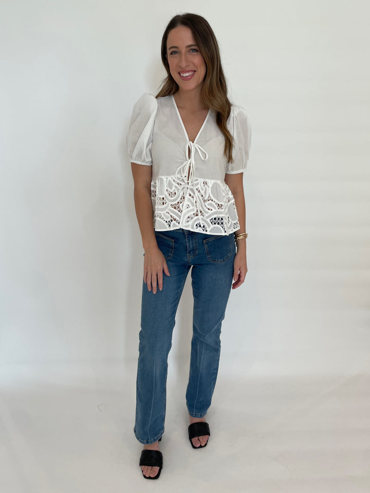 Suncoo Lina Tie Blouse in Off White paired with Elliott Lauren Straight Leg Jeans with Patch Pocket available at Barbara Katz