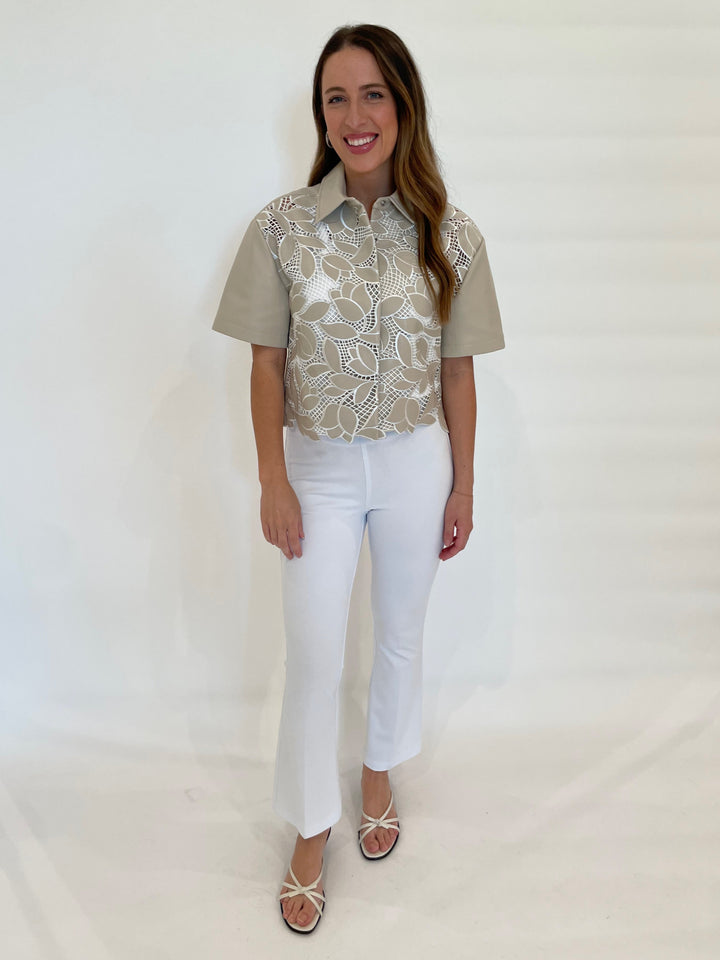 Simkhai Robinson Embroidered Shirt in Sand Multi paired with Lysse Ankle Denim Baby Bootcut Pants in White available at Barbara Katz